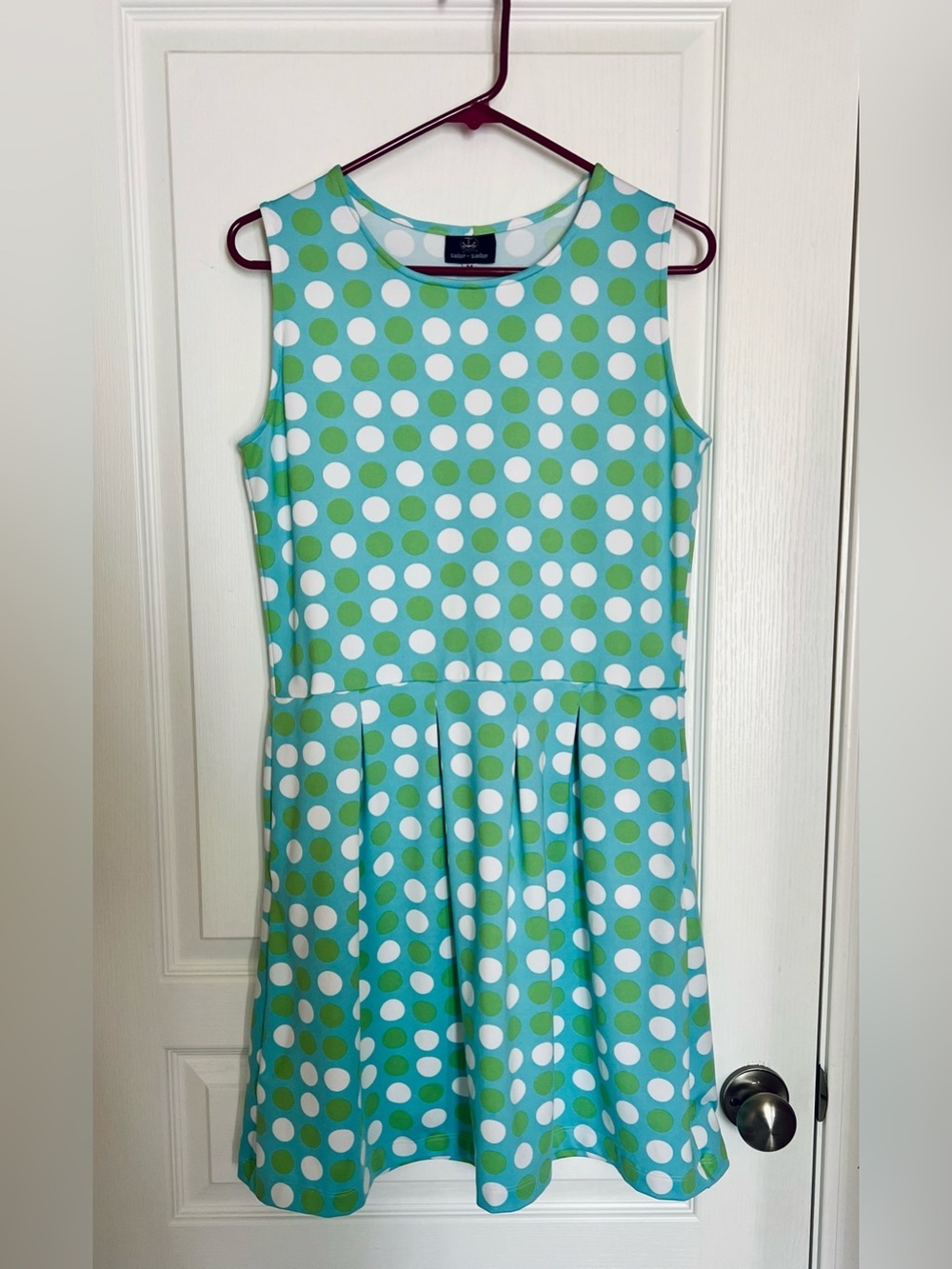 Sleeveless Aqua Fit-and-Flare Dress Green & White Polka Dots Mid century Retro